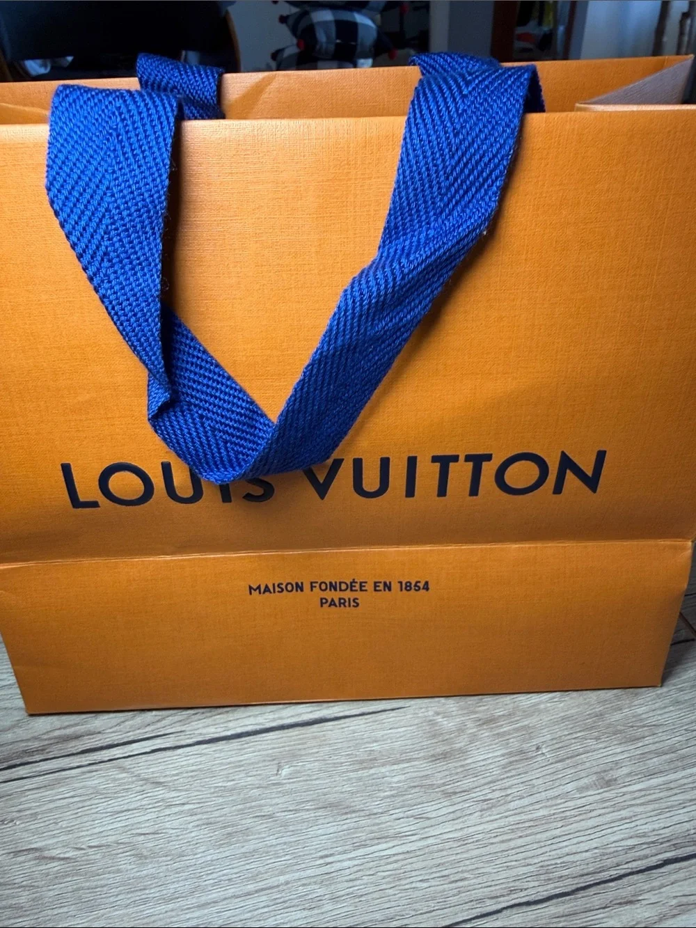 Louis Vuitton Orange Gift Bag with Blue Ribbon Handles